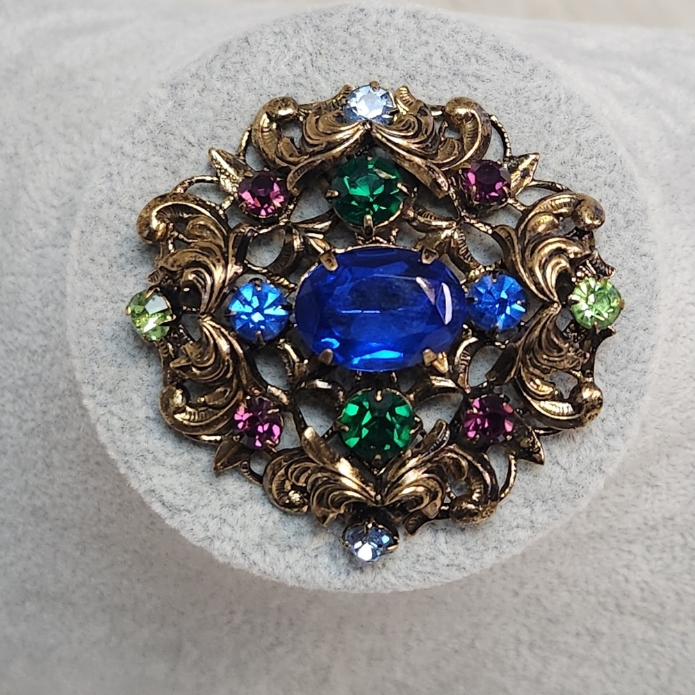 Vintage Art Deco Czech Filigree Brooch Blue Rhinestones Brass Costume Jewelry